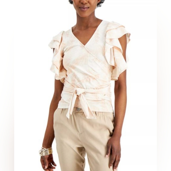 INC by Macy's | Summer Palm Flutter-Sleeve Wrap Top - Picture 1 of 4